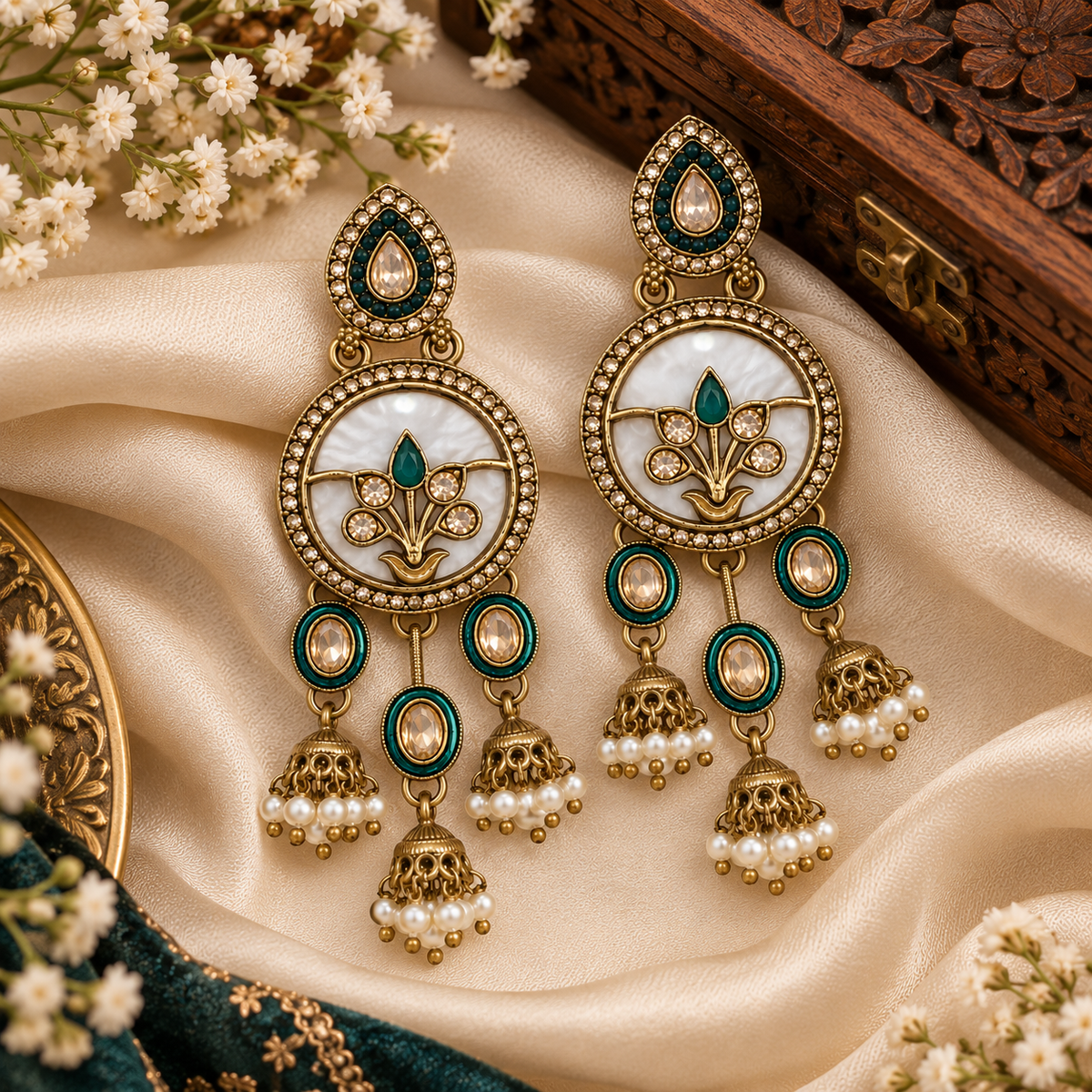 Aarvika Antique Gold Tone Drop Earrings with Pearl Danglers, Green