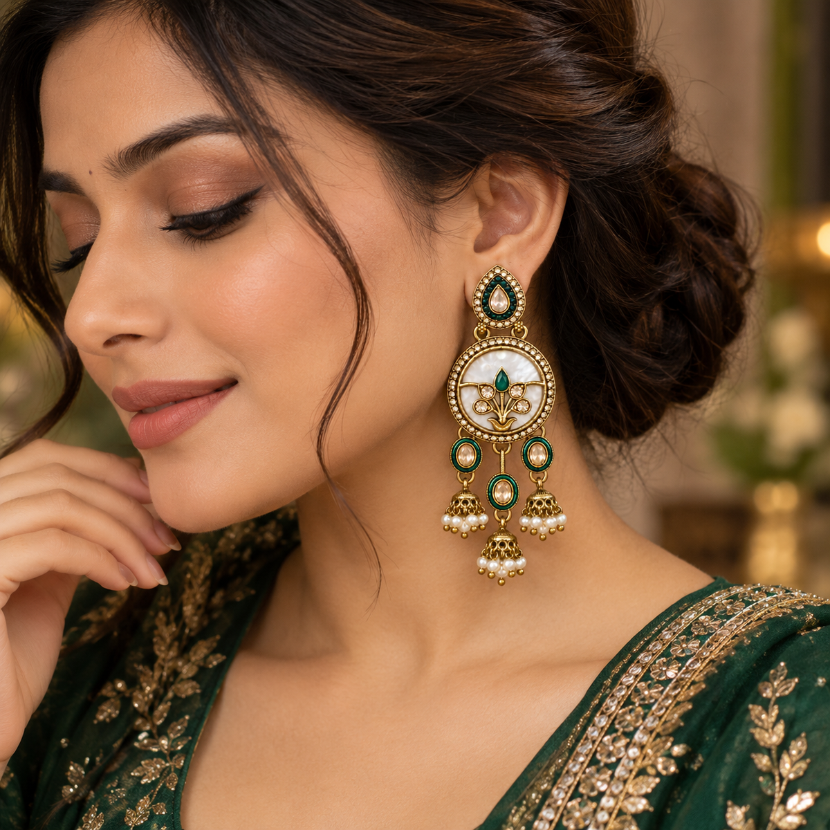 Aarvika Antique Gold Tone Drop Earrings with Pearl Danglers, Green