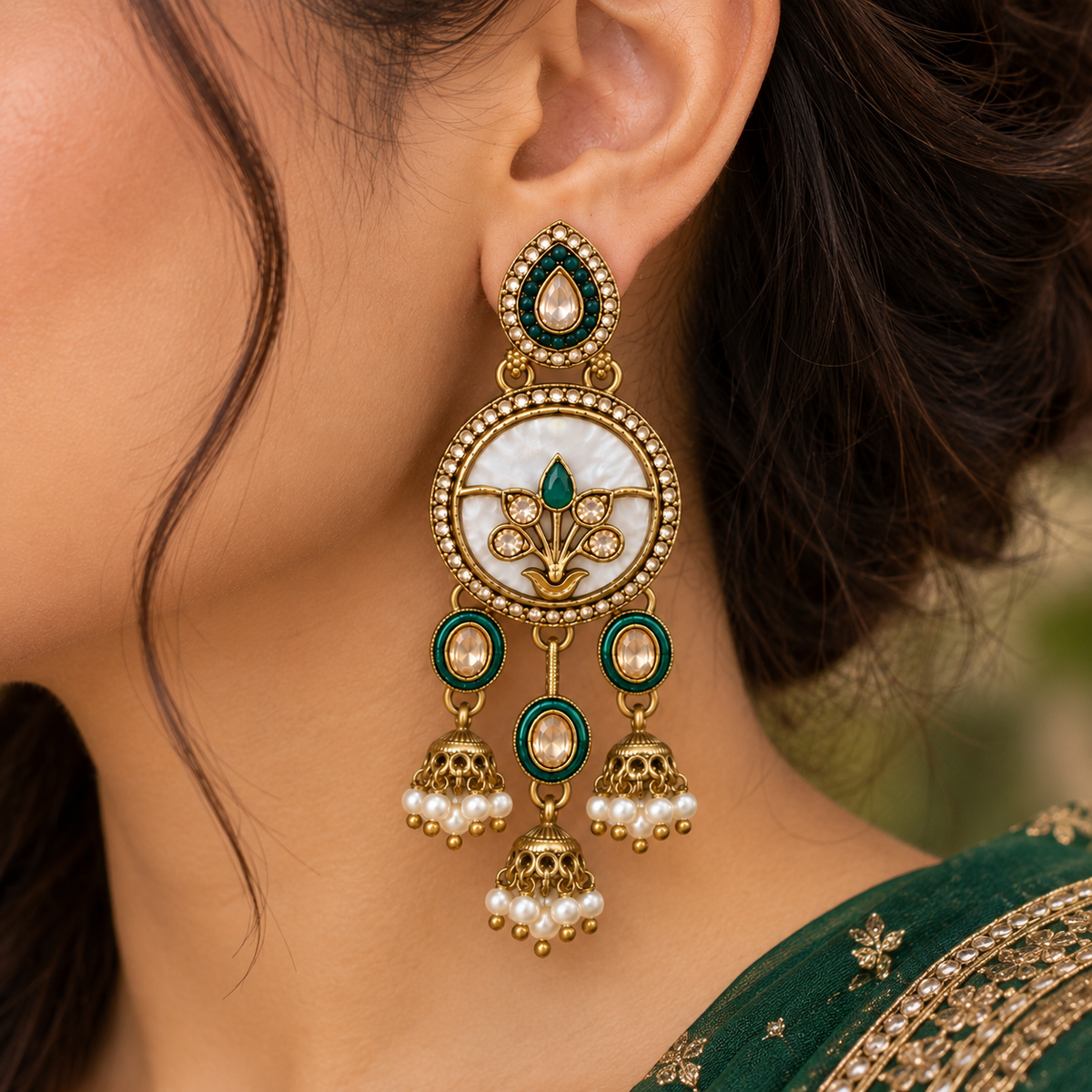Aarvika Antique Gold Tone Drop Earrings with Pearl Danglers, Green