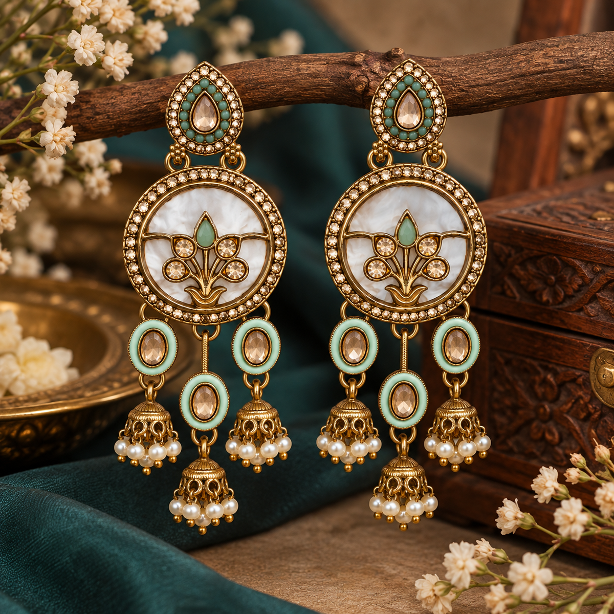 Aarvika Antique Gold Tone Drop Earrings with Pearl Danglers, Mint
