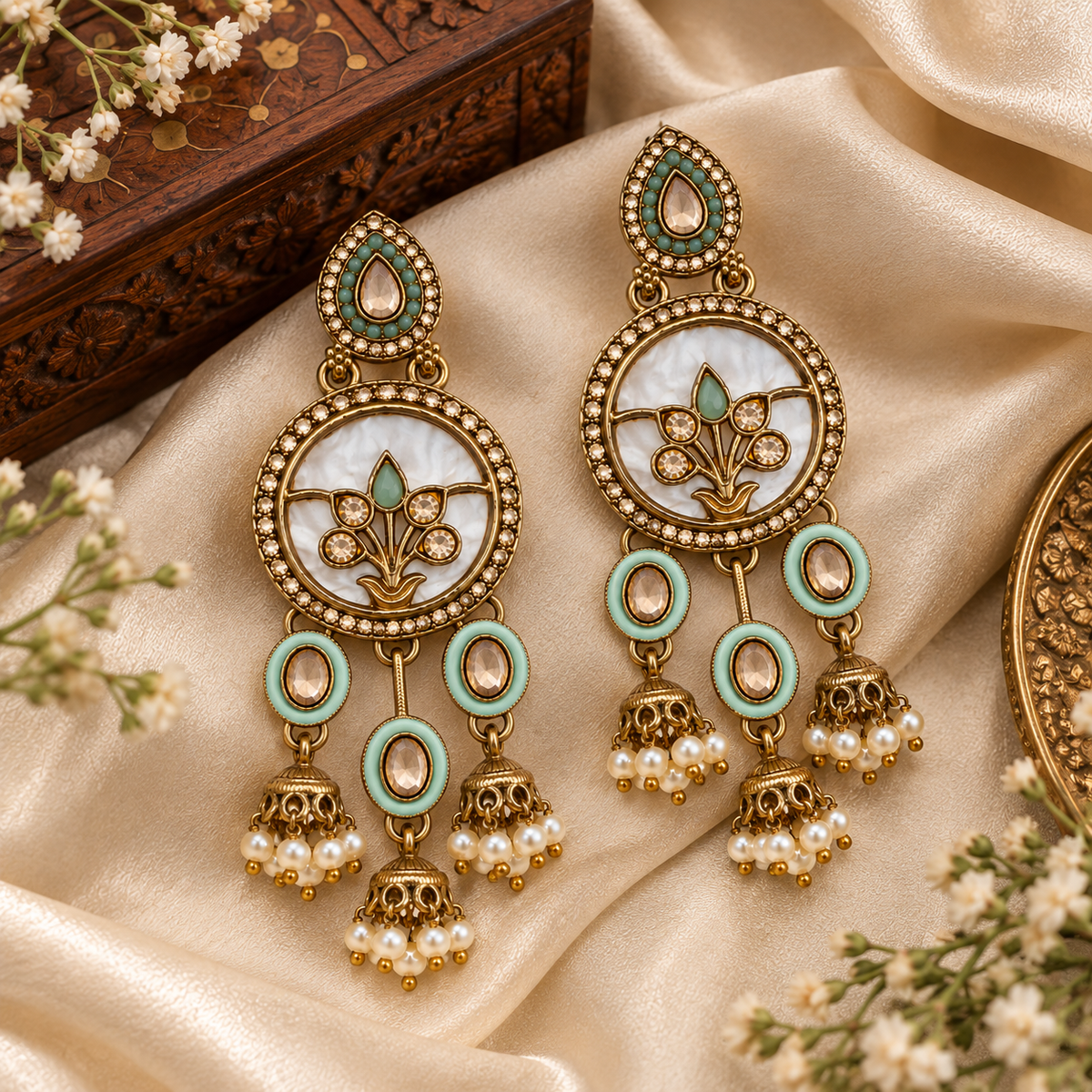 Aarvika Antique Gold Tone Drop Earrings with Pearl Danglers, Mint