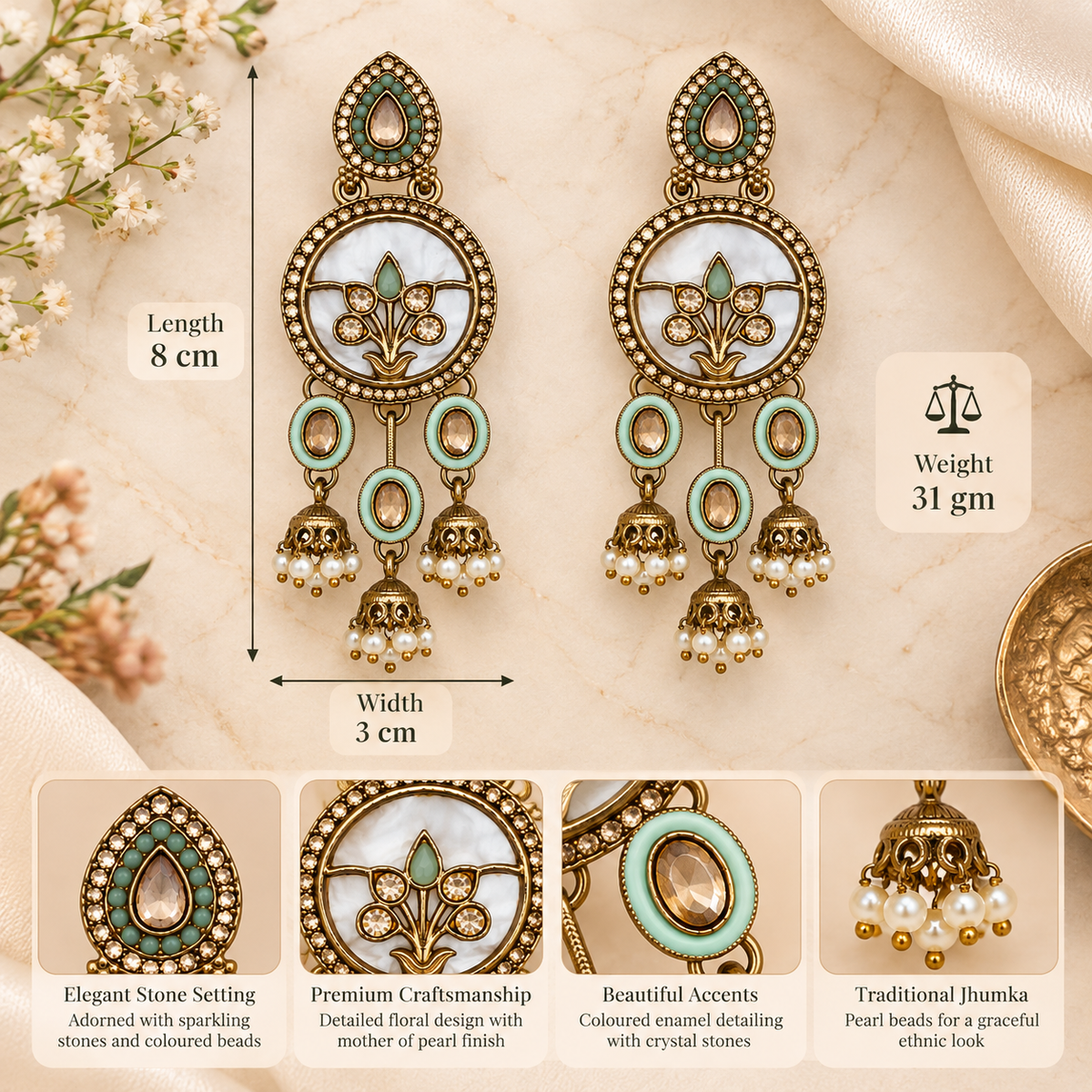Aarvika Antique Gold Tone Drop Earrings with Pearl Danglers, Mint