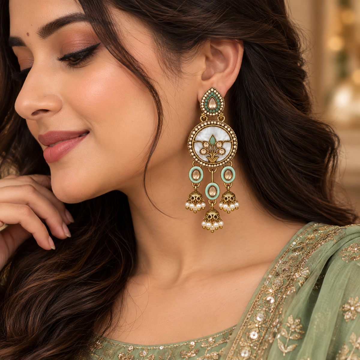 Aarvika Antique Gold Tone Drop Earrings with Pearl Danglers, Mint
