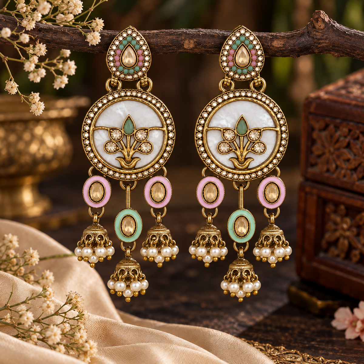 Aarvika Antique Gold Tone Drop Earrings with Pearl Danglers, Pink/Mint â Pink Mint