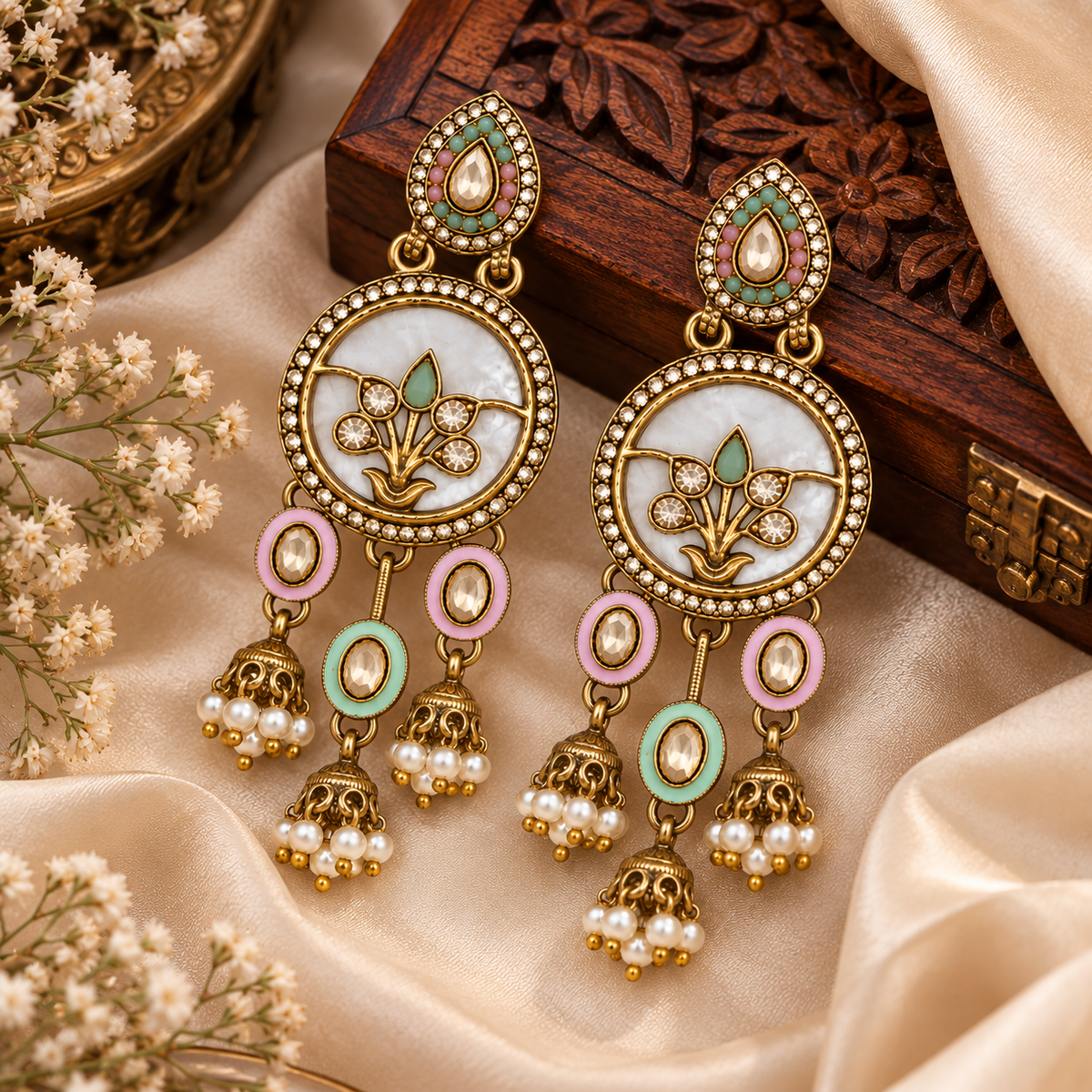 Aarvika Antique Gold Tone Drop Earrings with Pearl Danglers, Pink/Mint â Pink Mint