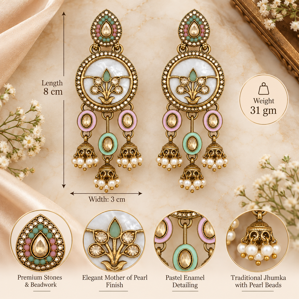 Aarvika Antique Gold Tone Drop Earrings with Pearl Danglers, Pink/Mint â Pink Mint