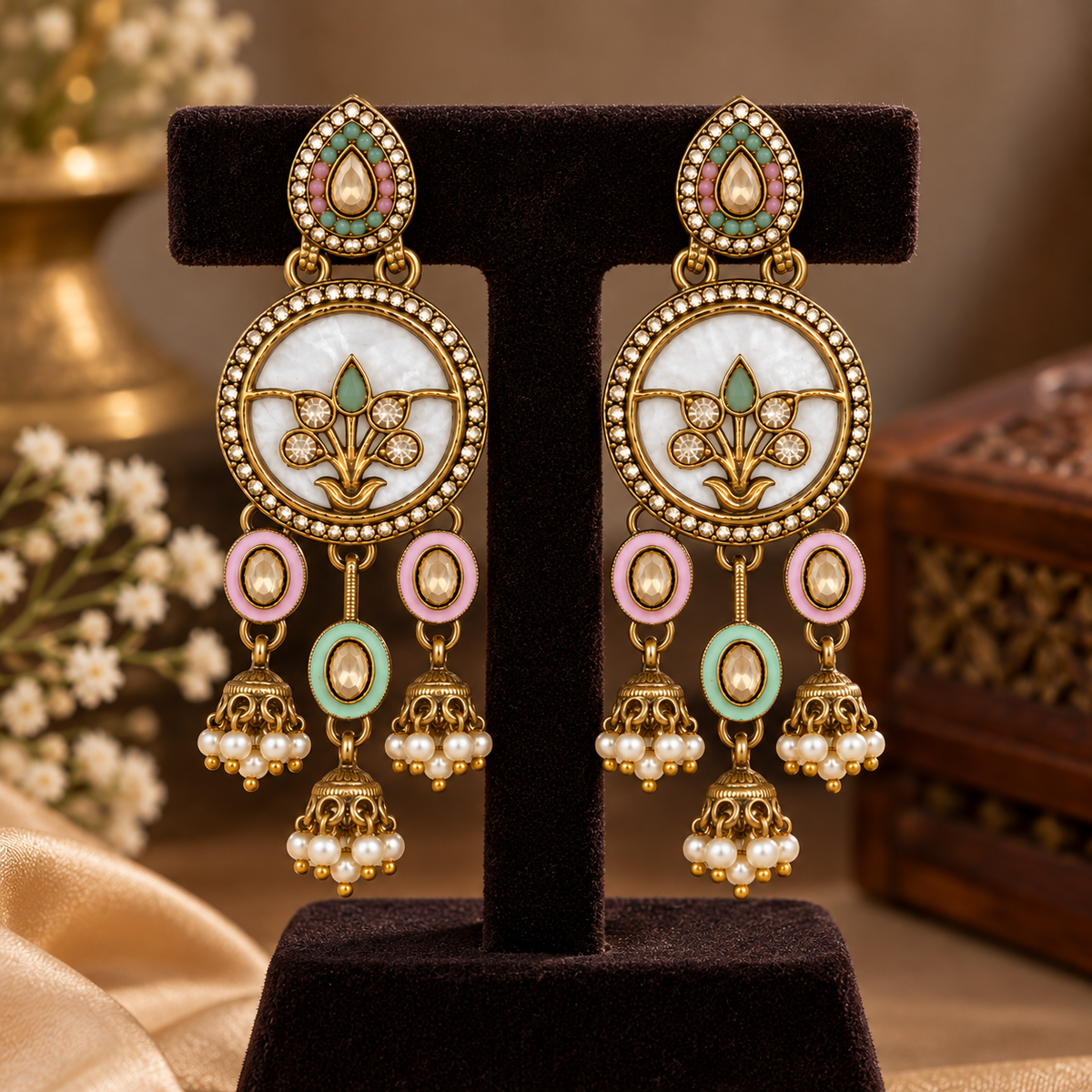 Aarvika Antique Gold Tone Drop Earrings with Pearl Danglers, Pink/Mint â Pink Mint