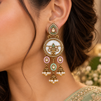 Aarvika Antique Gold Tone Drop Earrings with Pearl Danglers, Pink/Mint â Pink Mint