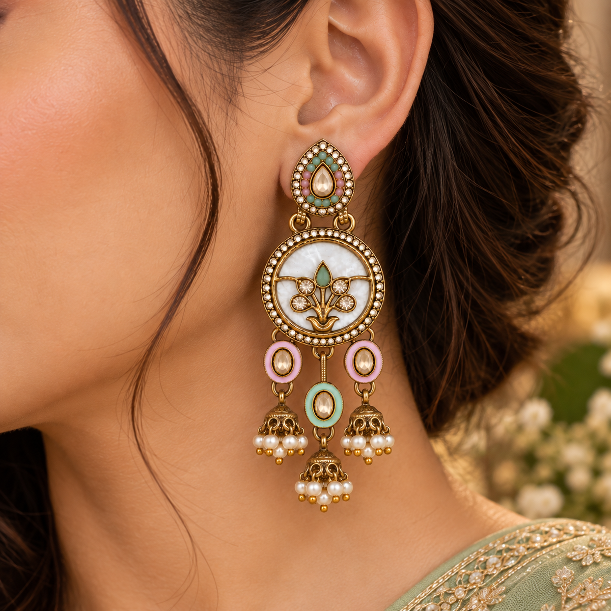 Aarvika Antique Gold Tone Drop Earrings with Pearl Danglers, Pink/Mint â Pink Mint