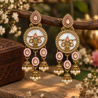 Aarvika Antique Gold Tone Drop Earrings with Pearl Danglers, Pink