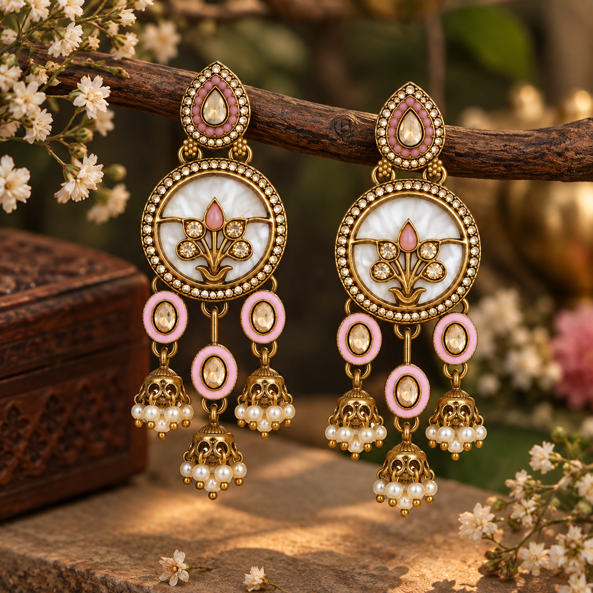 Aarvika Antique Gold Tone Drop Earrings with Pearl Danglers, Pink