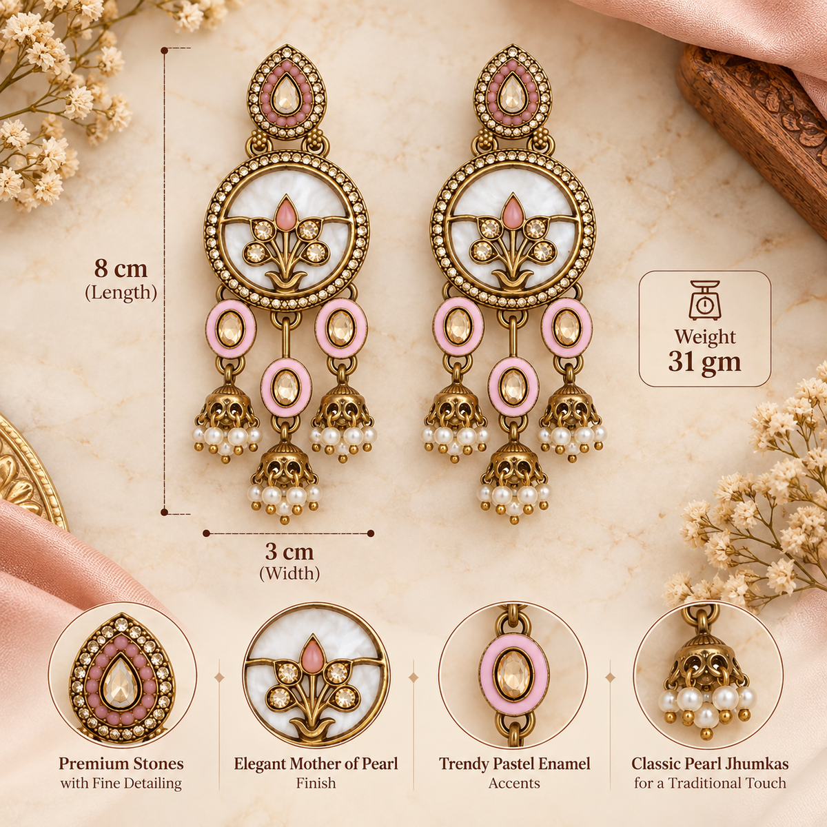 Aarvika Antique Gold Tone Drop Earrings with Pearl Danglers, Pink