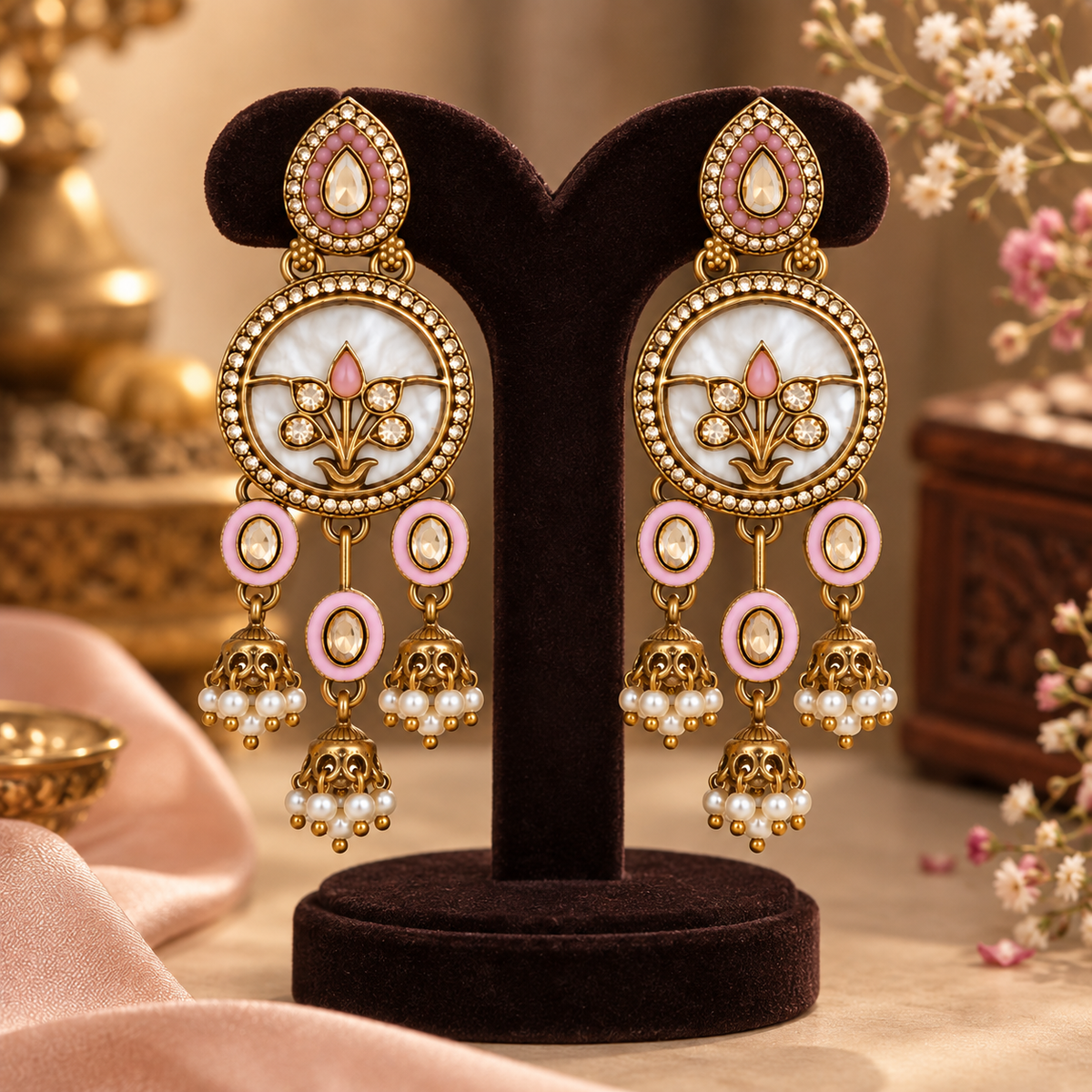 Aarvika Antique Gold Tone Drop Earrings with Pearl Danglers, Pink