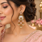 Aarvika Antique Gold Tone Drop Earrings with Pearl Danglers, Pink