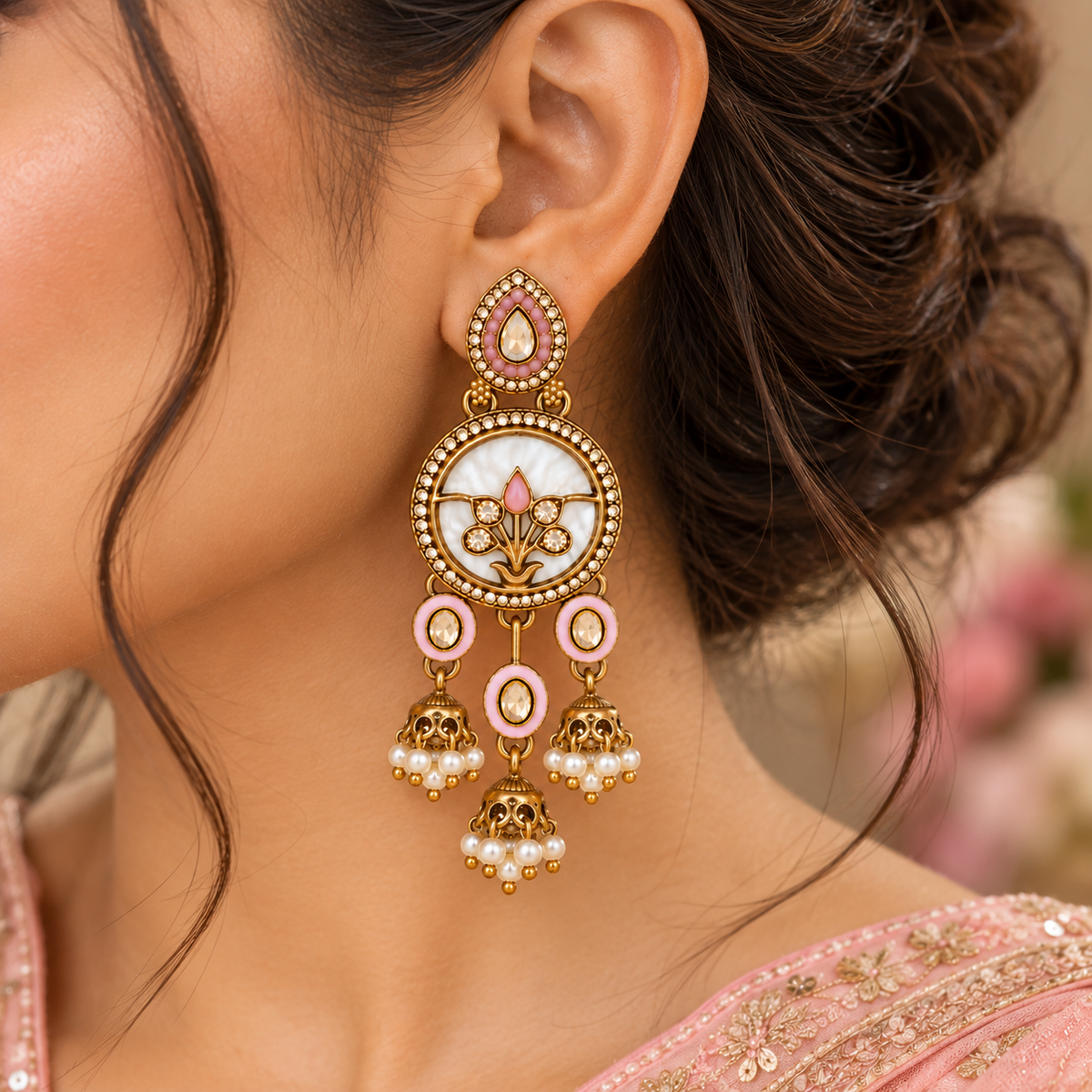 Aarvika Antique Gold Tone Drop Earrings with Pearl Danglers, Pink