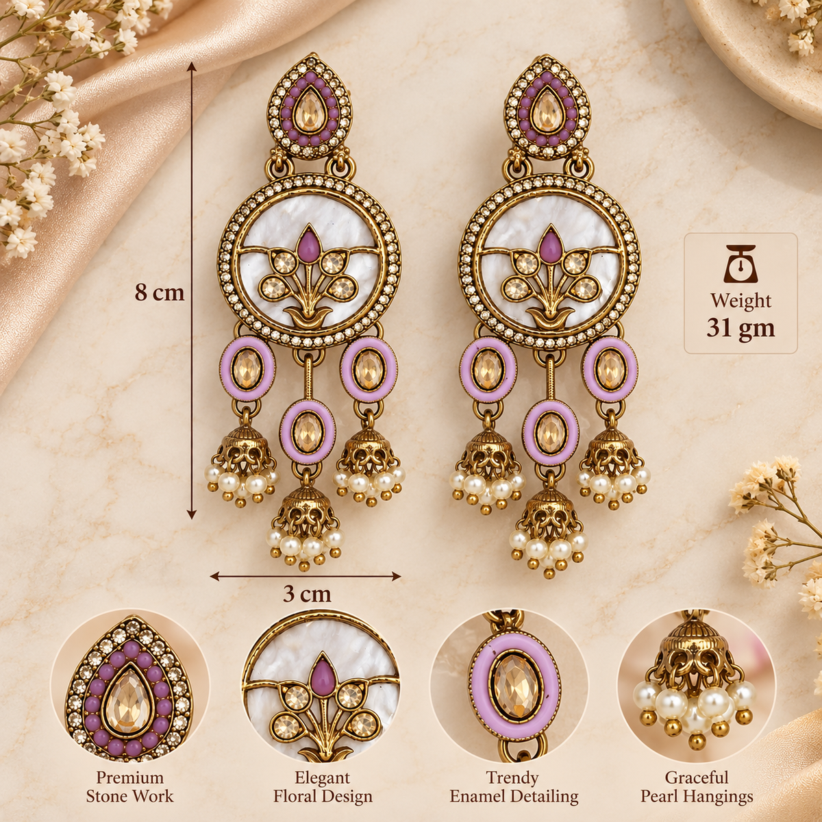 Aarvika Antique Gold Tone Drop Earrings with Pearl Danglers, Purple