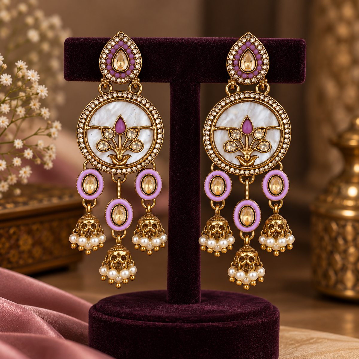 Aarvika Antique Gold Tone Drop Earrings with Pearl Danglers, Purple