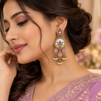 Aarvika Antique Gold Tone Drop Earrings with Pearl Danglers, Purple