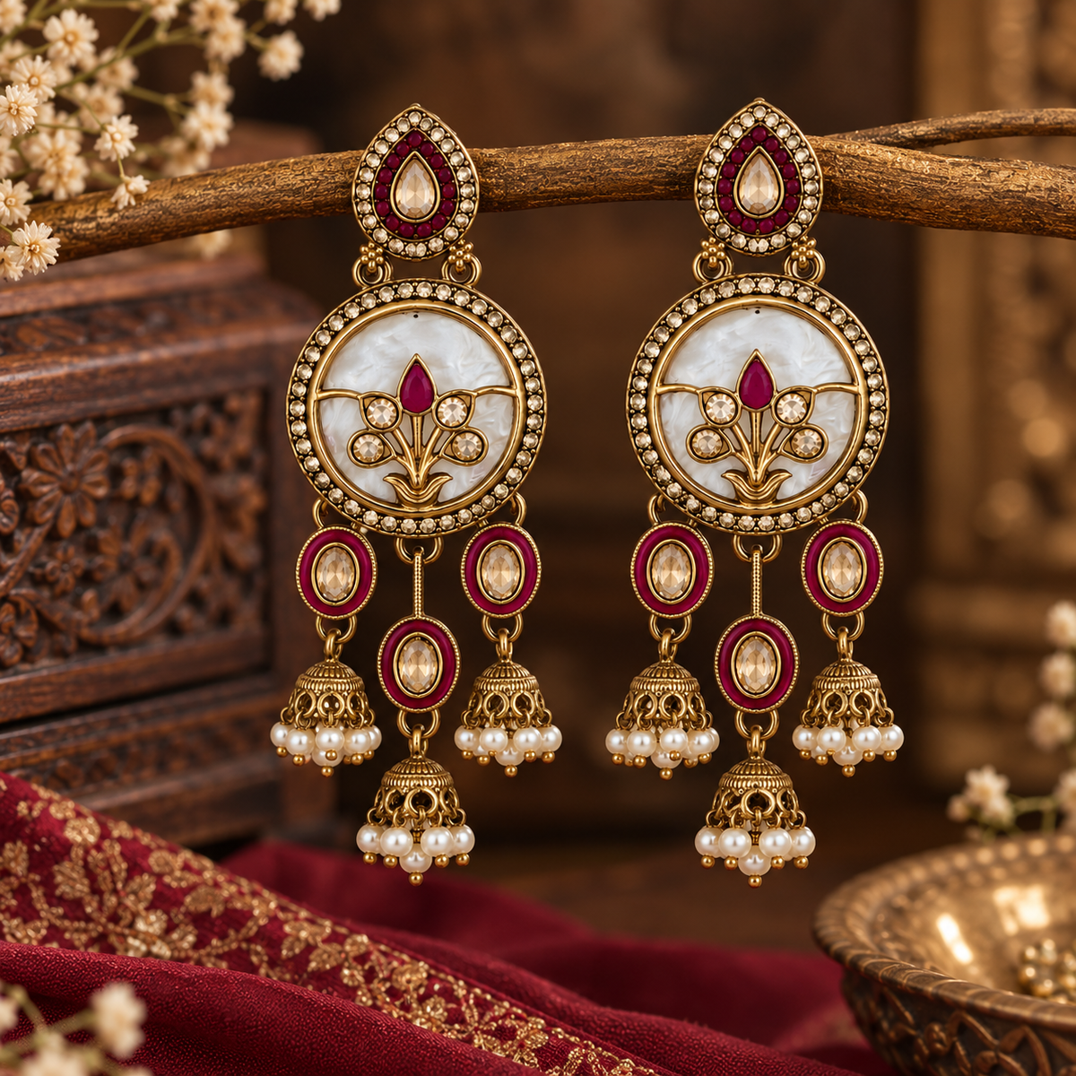 Aarvika Antique Gold Tone Drop Earrings with Pearl Danglers, Red