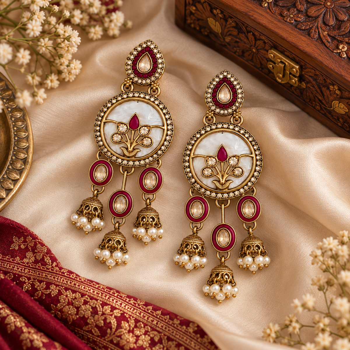 Aarvika Antique Gold Tone Drop Earrings with Pearl Danglers, Red