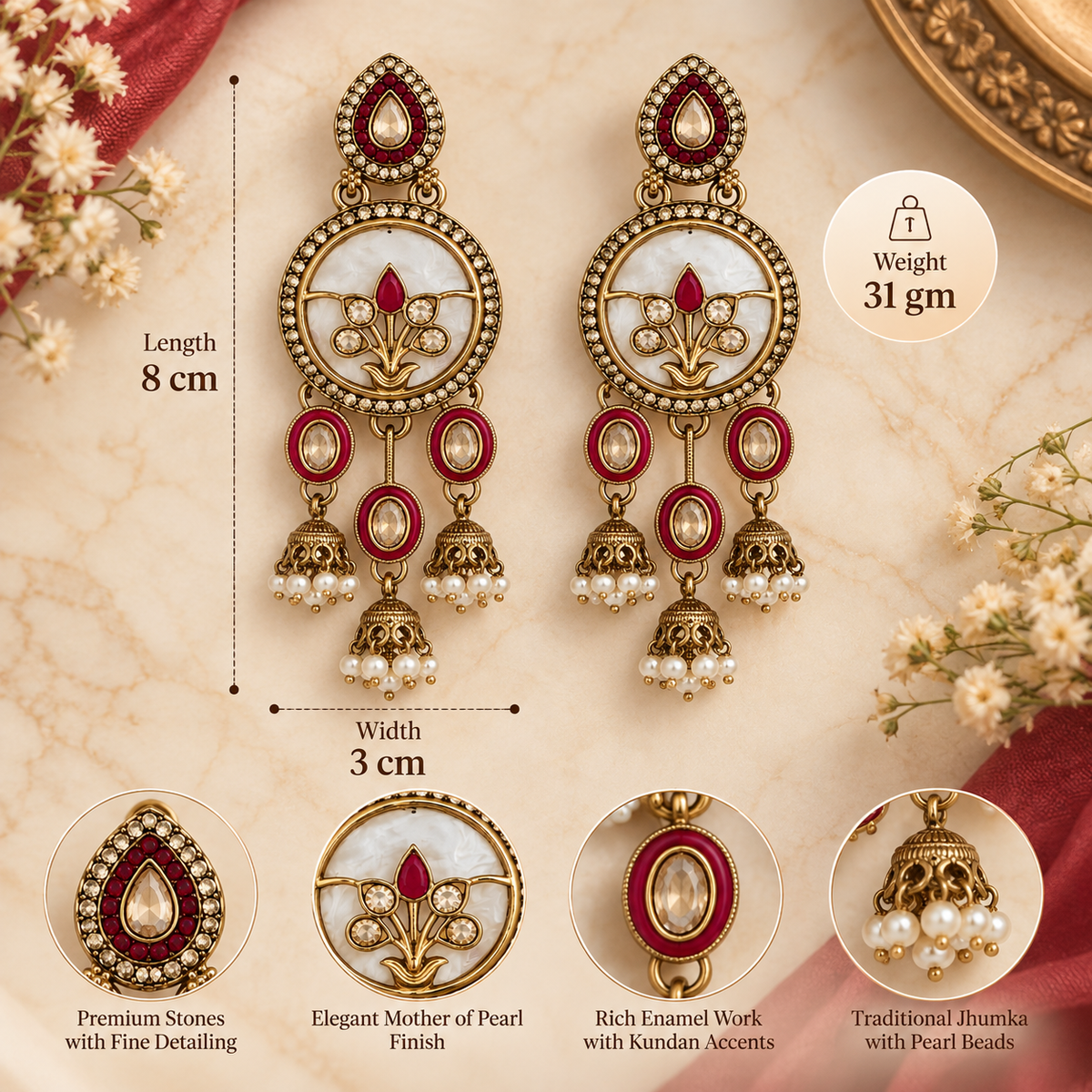 Aarvika Antique Gold Tone Drop Earrings with Pearl Danglers, Red