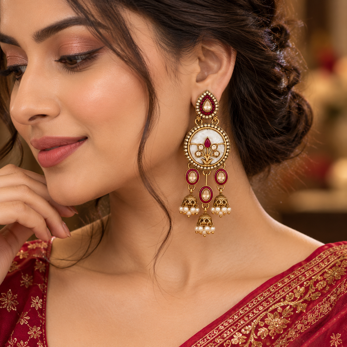 Aarvika Antique Gold Tone Drop Earrings with Pearl Danglers, Red