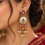 Aarvika Antique Gold Tone Drop Earrings with Pearl Danglers, Red