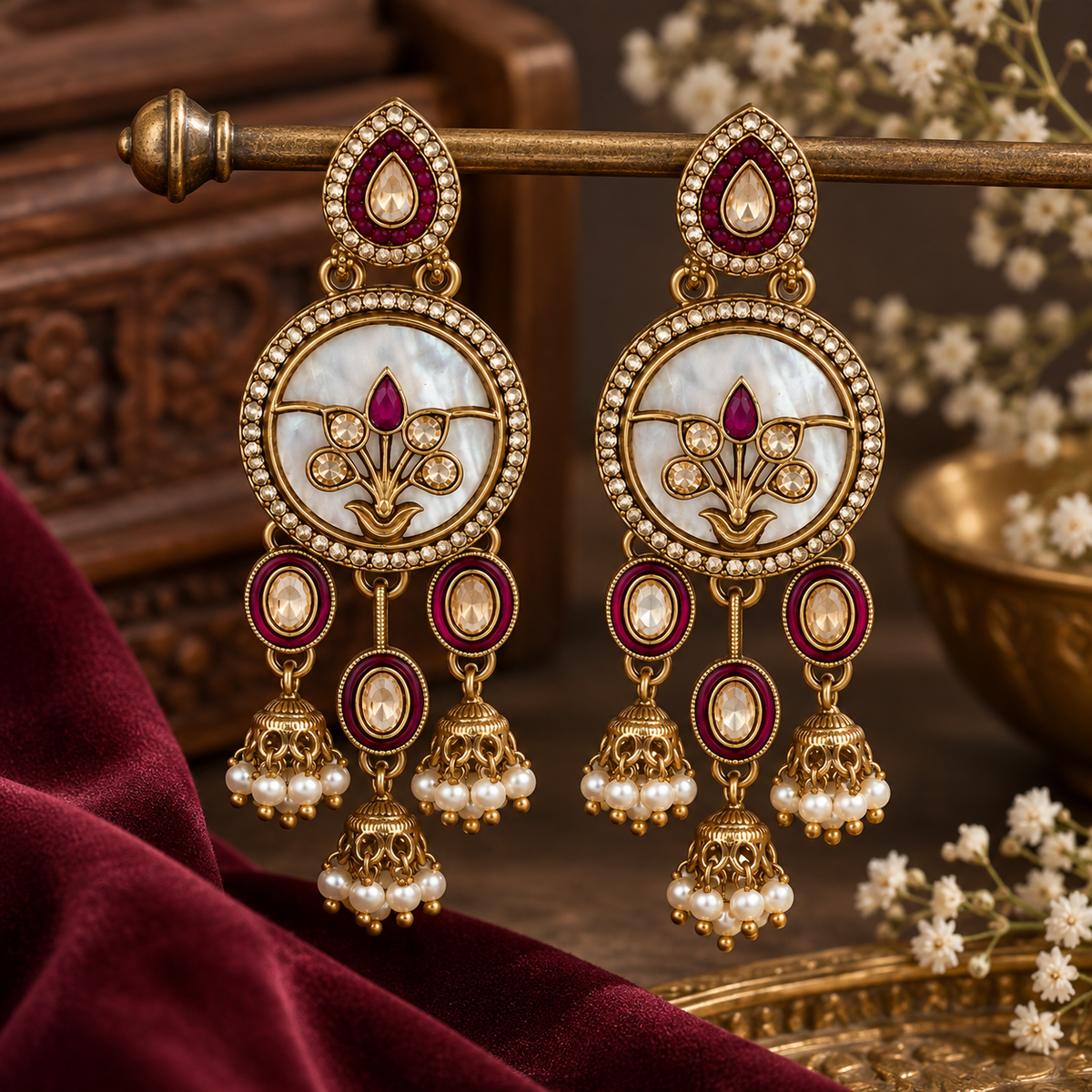 Aarvika Antique Gold Tone Drop Earrings with Pearl Danglers, Ruby