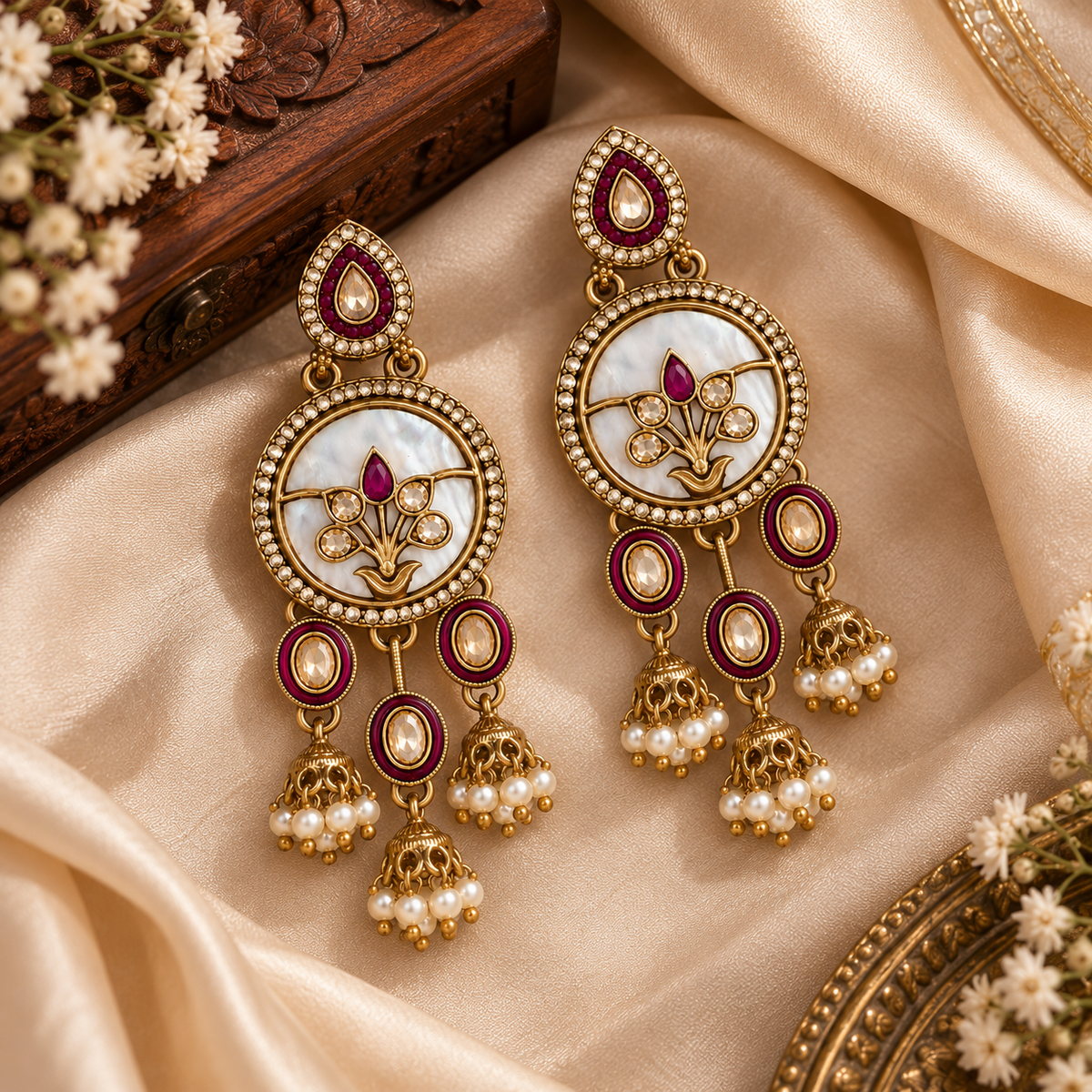 Aarvika Antique Gold Tone Drop Earrings with Pearl Danglers, Ruby