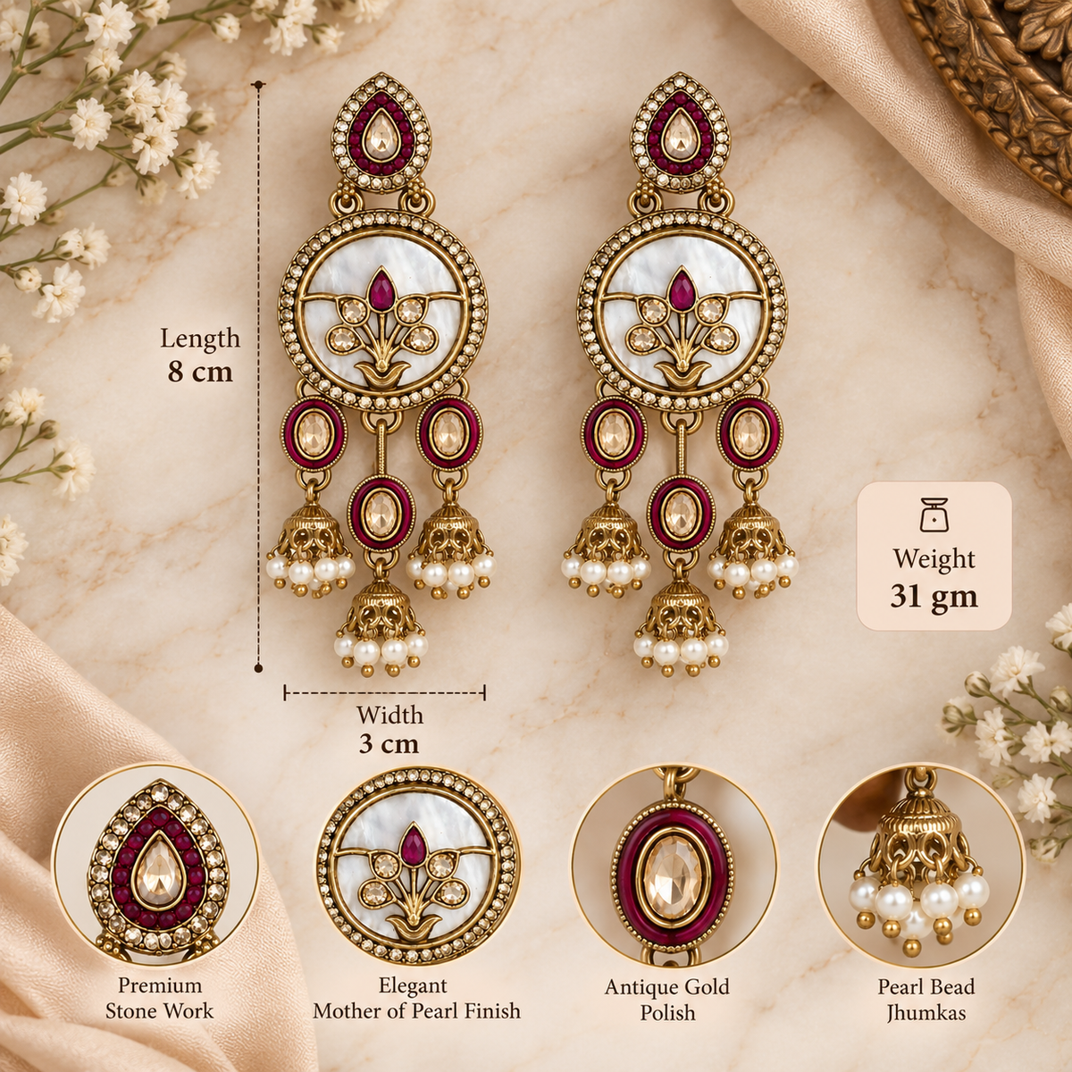 Aarvika Antique Gold Tone Drop Earrings with Pearl Danglers, Ruby