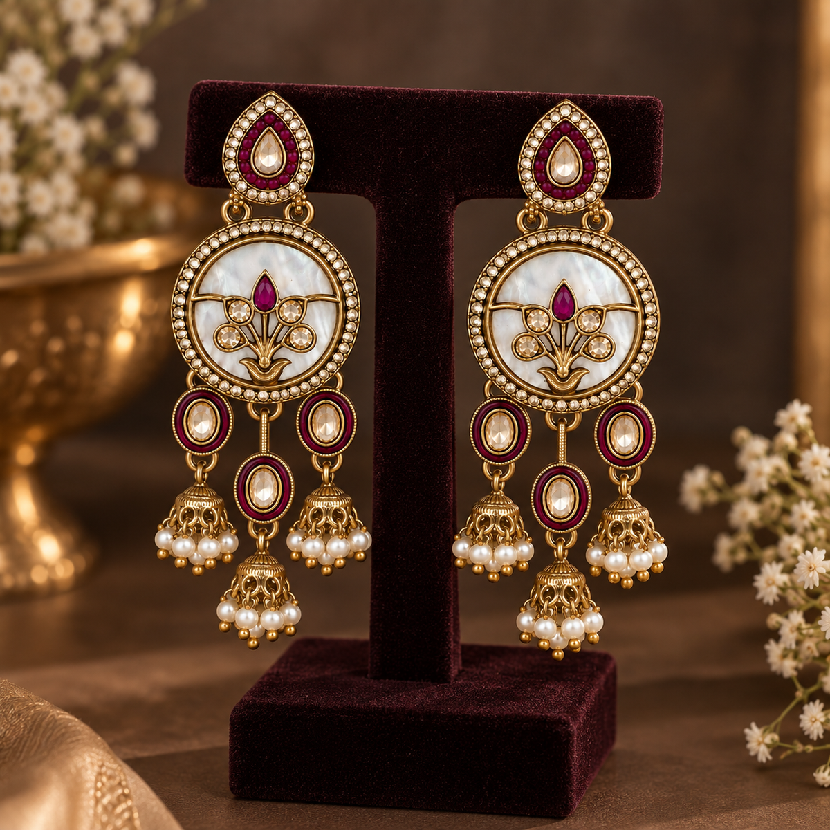 Aarvika Antique Gold Tone Drop Earrings with Pearl Danglers, Ruby