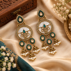Aarvika Antique Gold Tone Drop Earrings with Pearl Danglers, Teal
