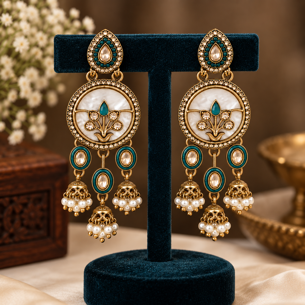 Aarvika Antique Gold Tone Drop Earrings with Pearl Danglers, Teal