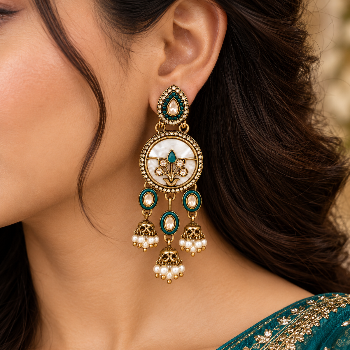 Aarvika Antique Gold Tone Drop Earrings with Pearl Danglers, Teal