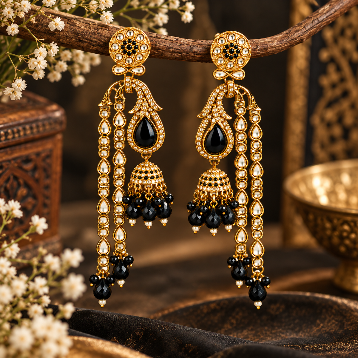 Aarvika Traditional Long Chandelier Jhumka Earrings, Black