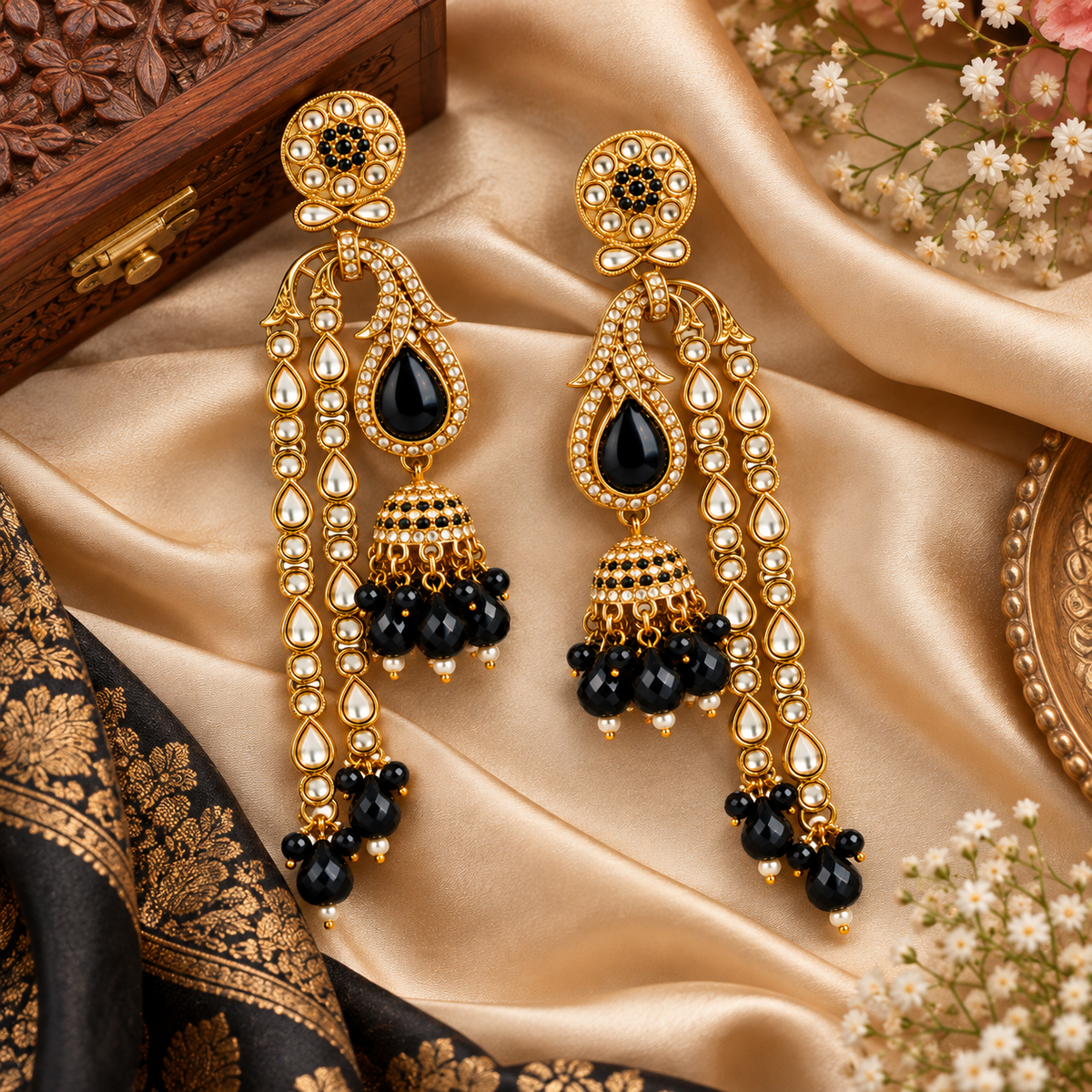 Aarvika Traditional Long Chandelier Jhumka Earrings, Black