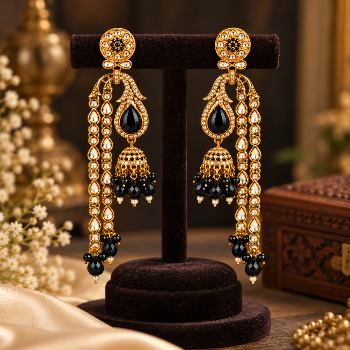 Aarvika Traditional Long Chandelier Jhumka Earrings, Black
