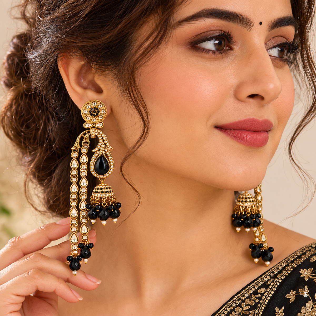 Aarvika Traditional Long Chandelier Jhumka Earrings, Black