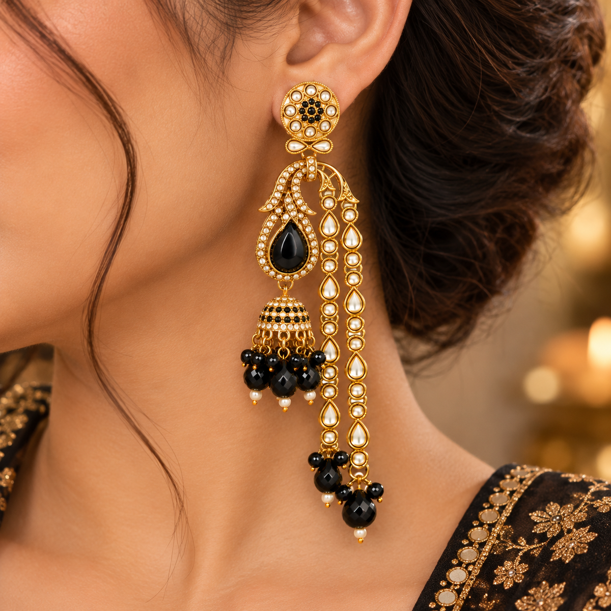 Aarvika Traditional Long Chandelier Jhumka Earrings, Black