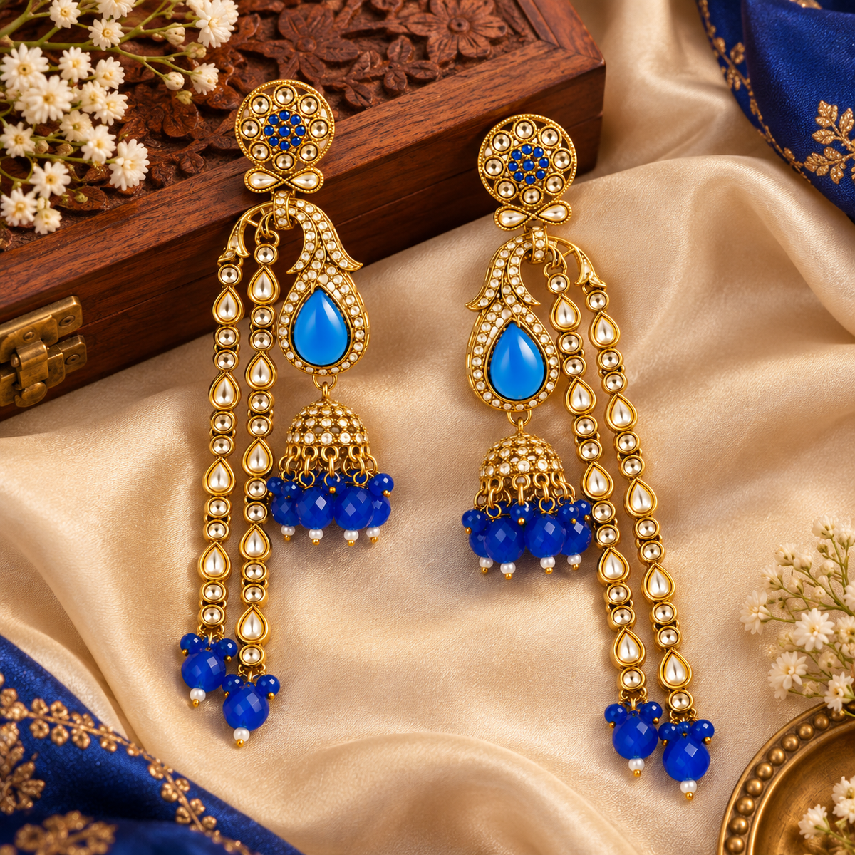 Aarvika Traditional Long Chandelier Jhumka Earrings, Blue