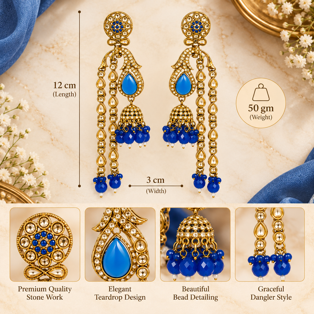 Aarvika Traditional Long Chandelier Jhumka Earrings, Blue