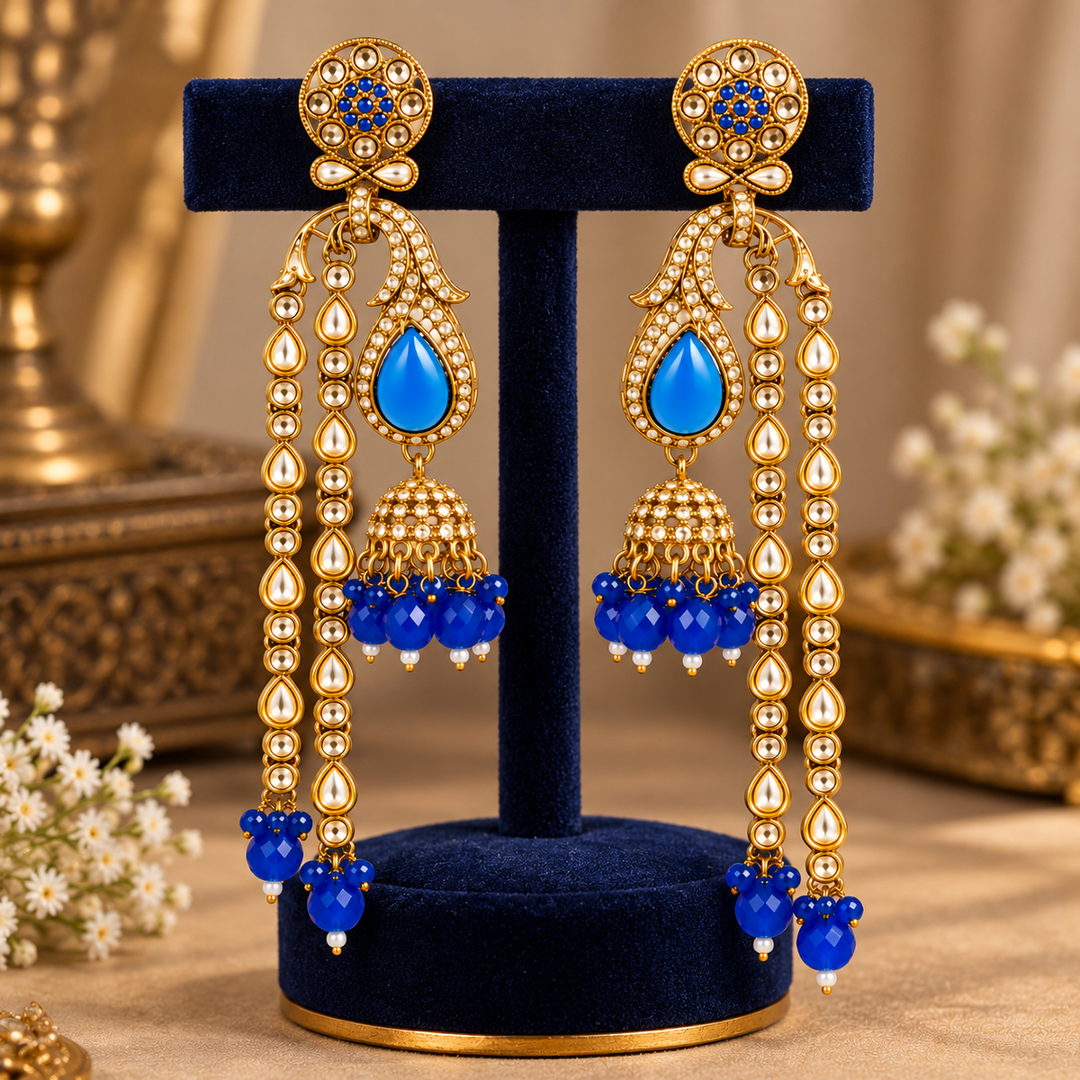 Aarvika Traditional Long Chandelier Jhumka Earrings, Blue