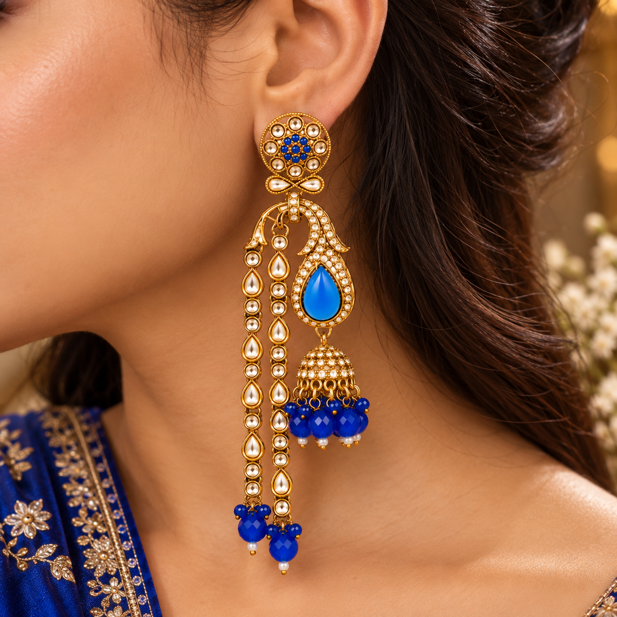 Aarvika Traditional Long Chandelier Jhumka Earrings, Blue