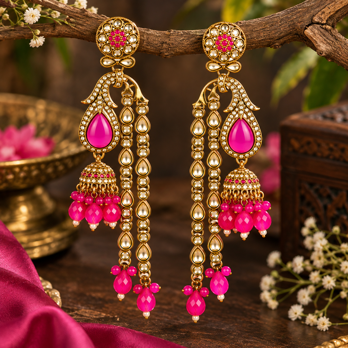 Aarvika Traditional Long Chandelier Jhumka Earrings, Fuchsia