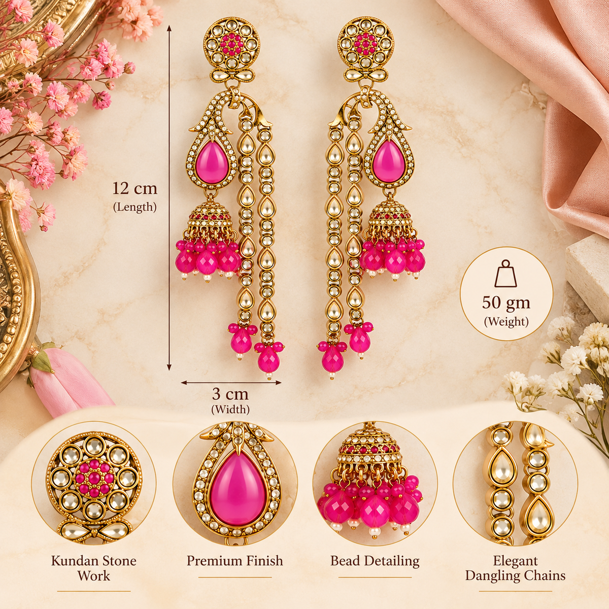 Aarvika Traditional Long Chandelier Jhumka Earrings, Fuchsia