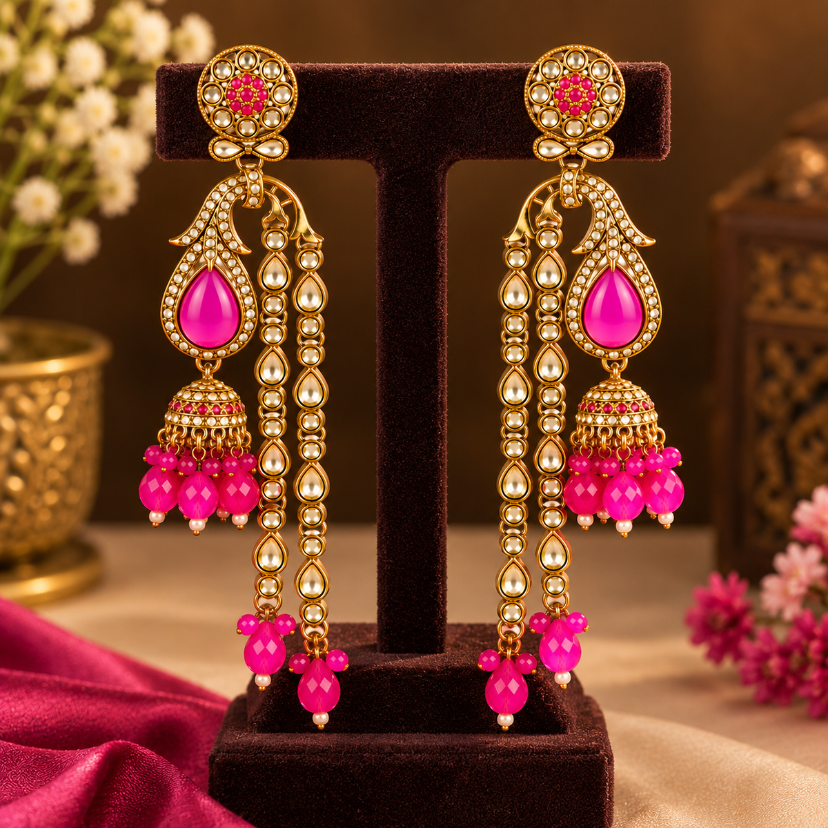 Aarvika Traditional Long Chandelier Jhumka Earrings, Fuchsia