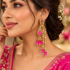Aarvika Traditional Long Chandelier Jhumka Earrings, Fuchsia