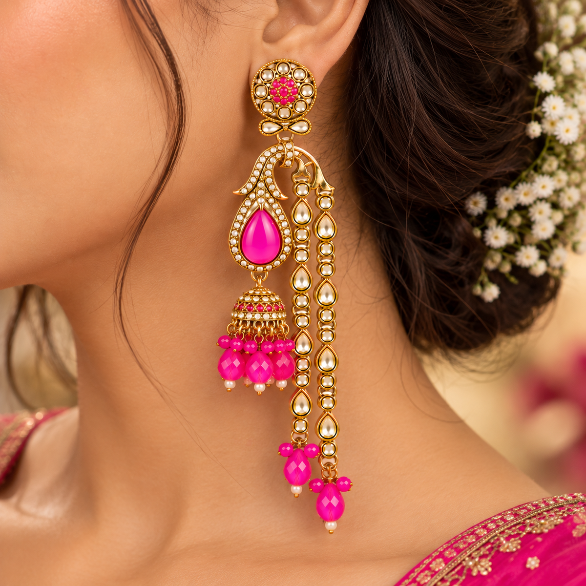 Aarvika Traditional Long Chandelier Jhumka Earrings, Fuchsia