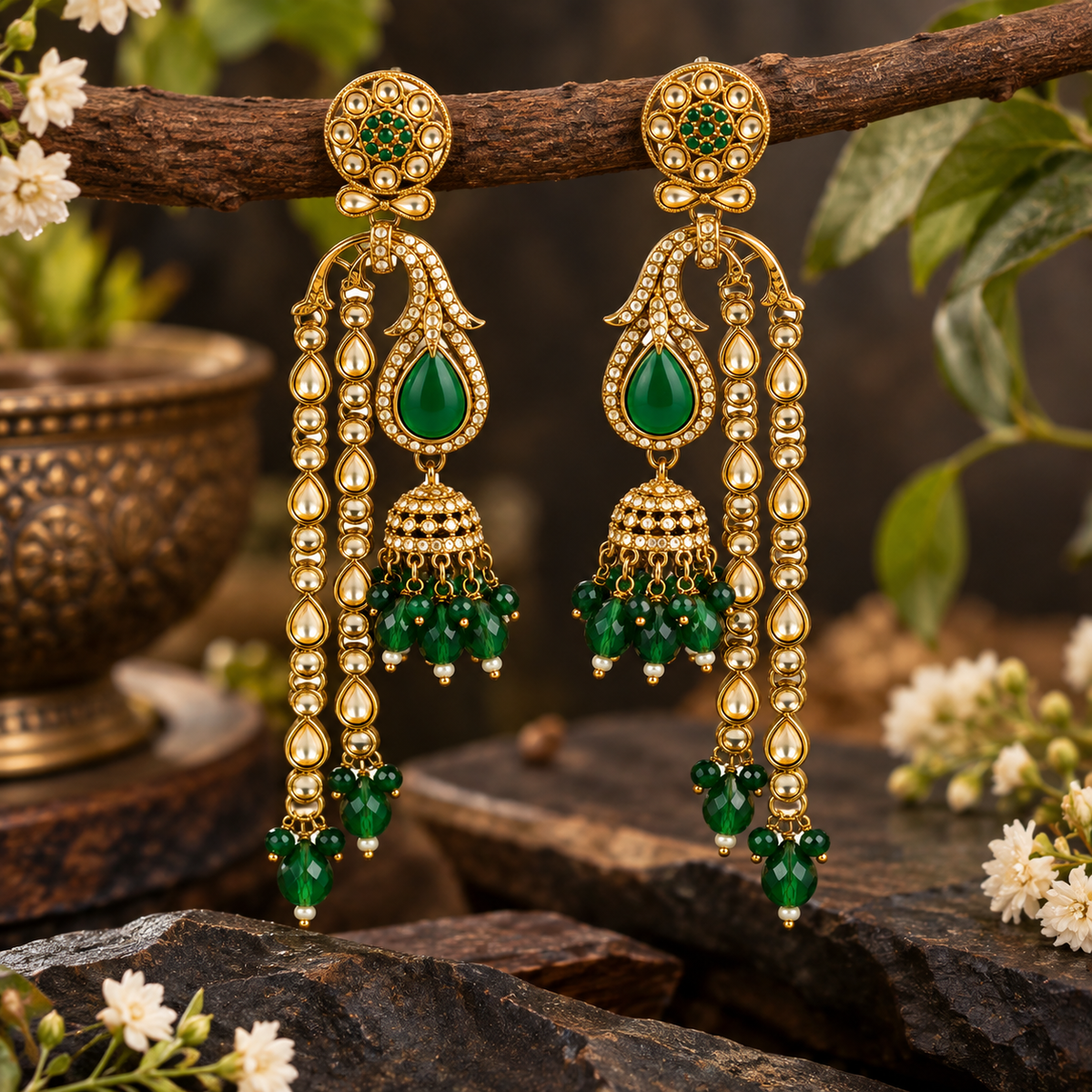 Aarvika Traditional Long Chandelier Jhumka Earrings, Green