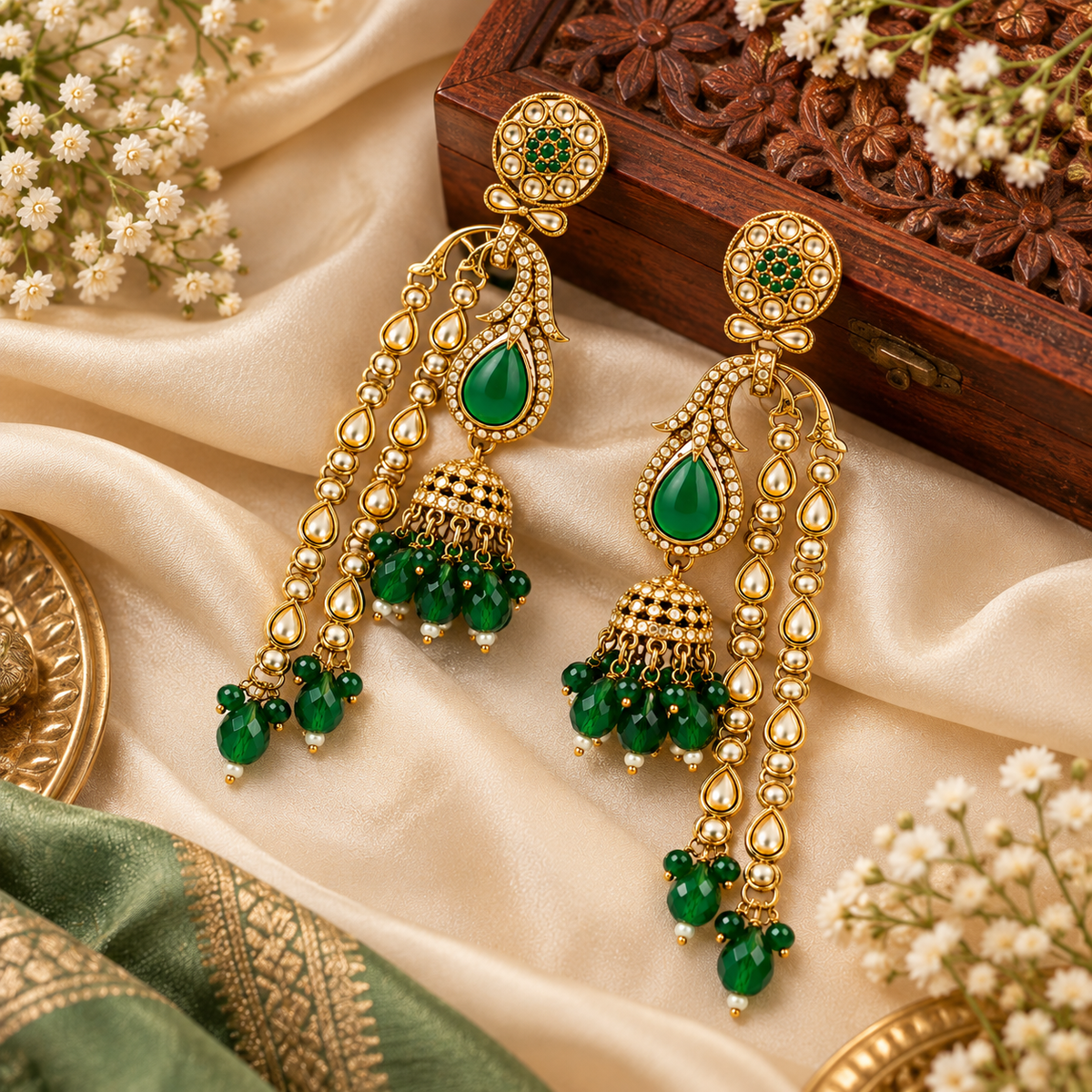 Aarvika Traditional Long Chandelier Jhumka Earrings, Green